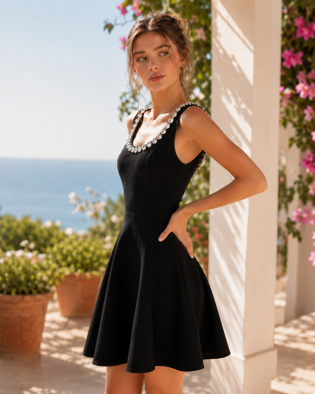 Haight-Ashbury - Vestido de terciopelo negro con escote Bardot