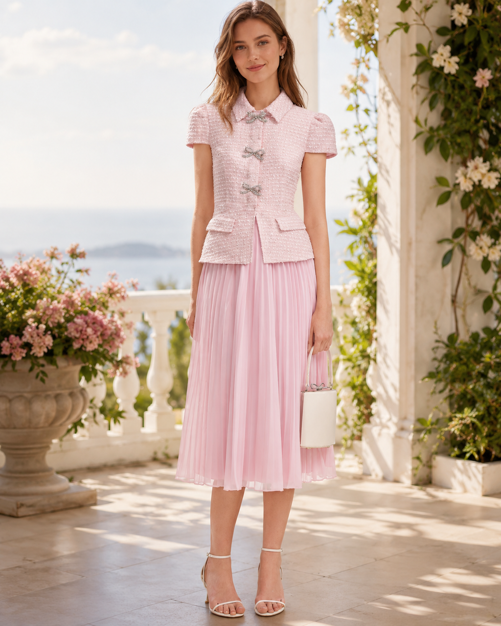 La Jolla - Conjunto de bouclé rosa con falda de gasa