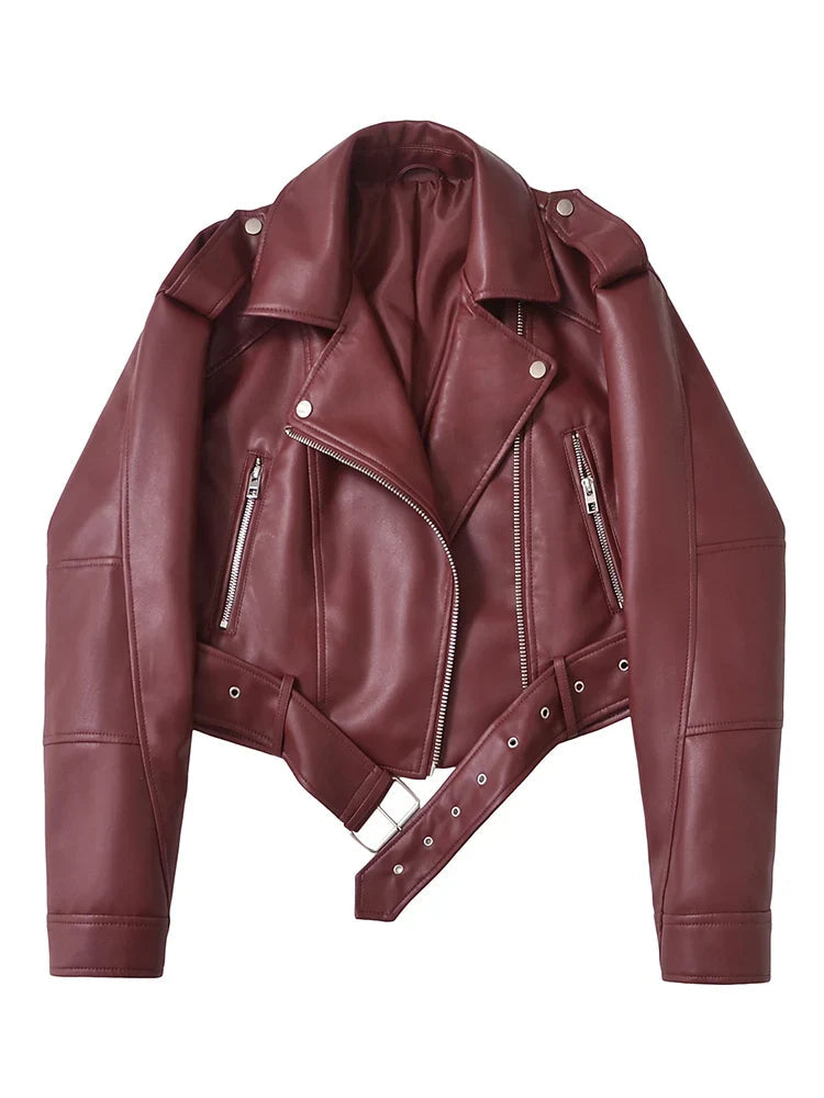 Chaqueta biker con cinturón en color vino tinto - Alina Montier